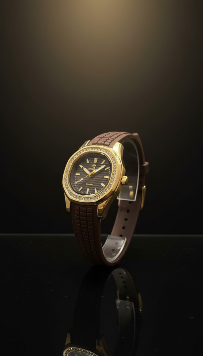 Ladies' Gold Crystal Watch | Sporty Elegance | silicon strap